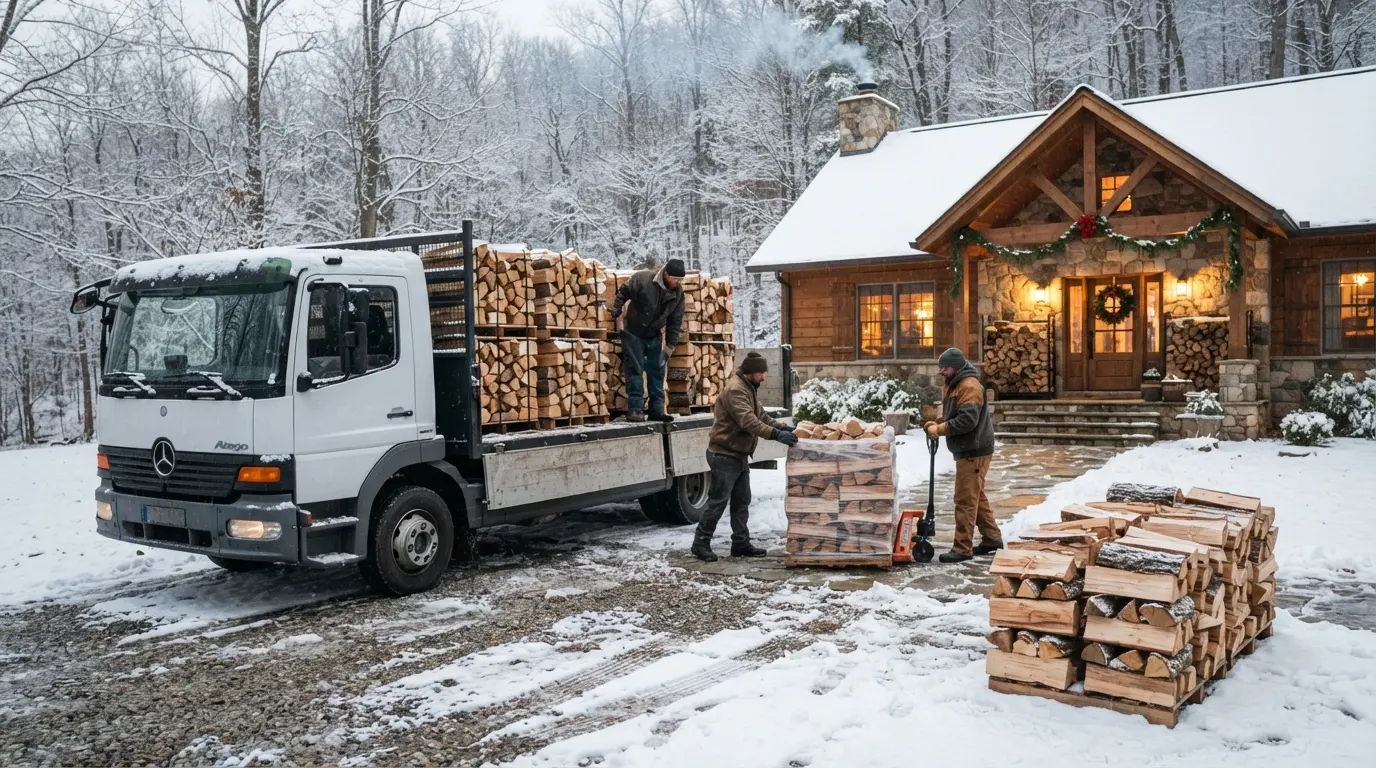 Un camion de livraison déchargeant des bûches de bois de chauffage bien empilées devant une maison chaleureuse en hiver.