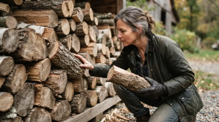 Une personne examine attentivement une pile de bûches de bois