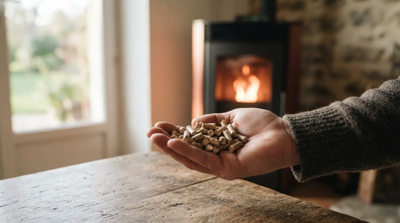 Une poignée de pellets en bois devant un