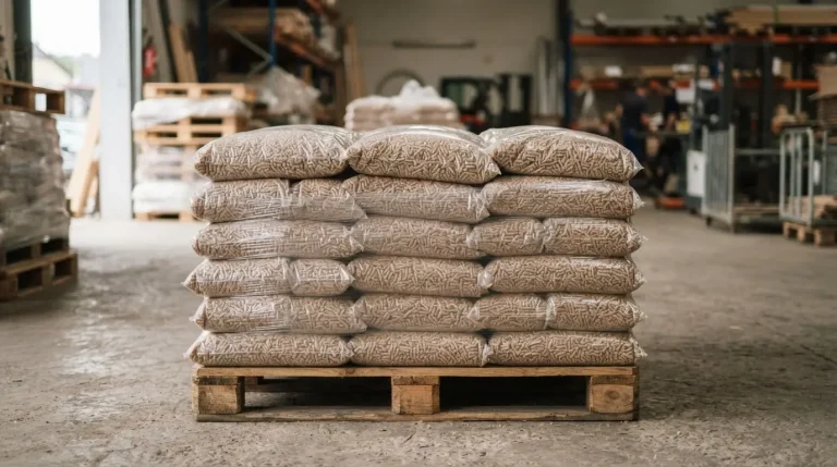 Une palette en bois chargée de sacs de pellets bien